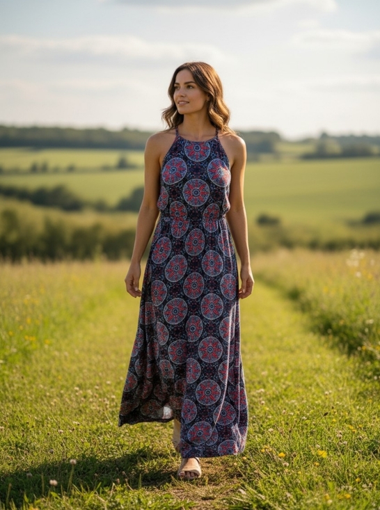 French Grey Dresses & Skirts - French Grey Sleeveless Navy & Red Medallion Knit Maxi Dress